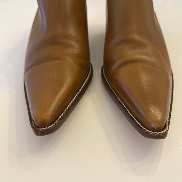 Michael Kors Cognac Leather Ankle Boots 37 US 6 6.5 Low Heel Pointed Toe Italy - Picture 5 of 13